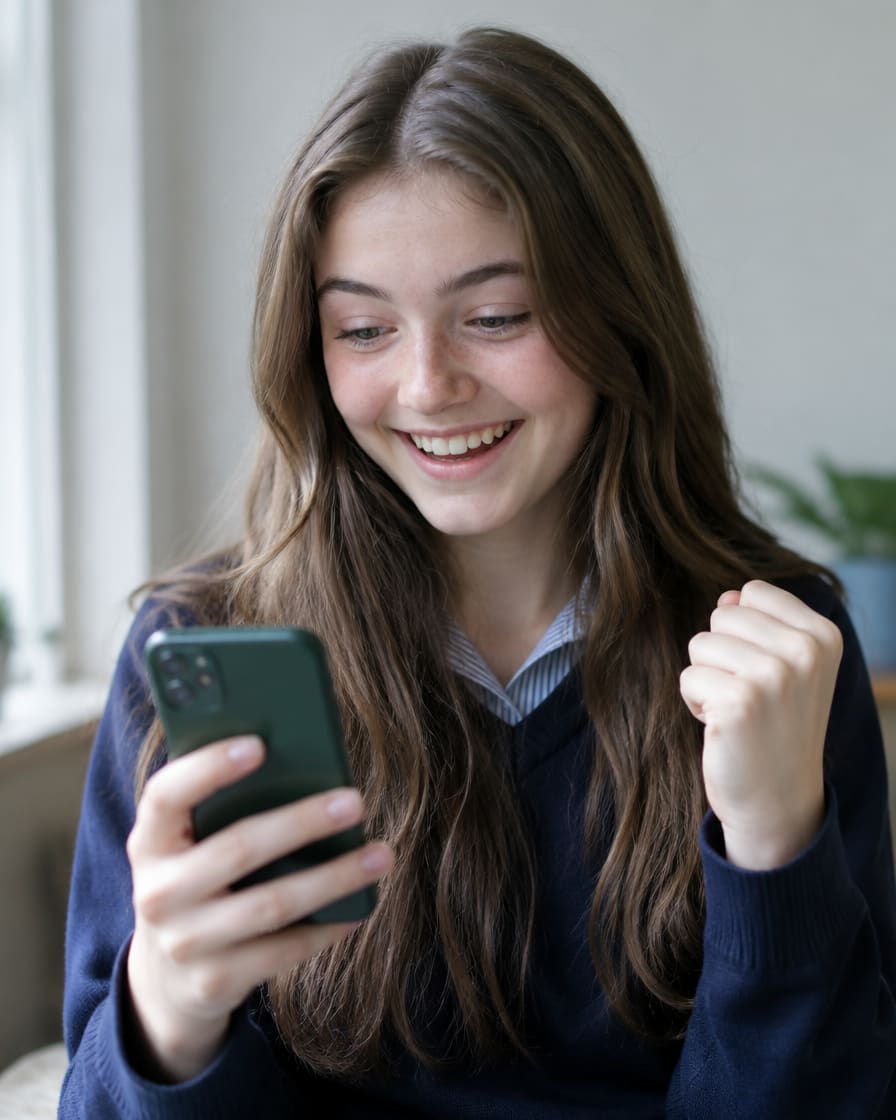 A student smiling at her phone