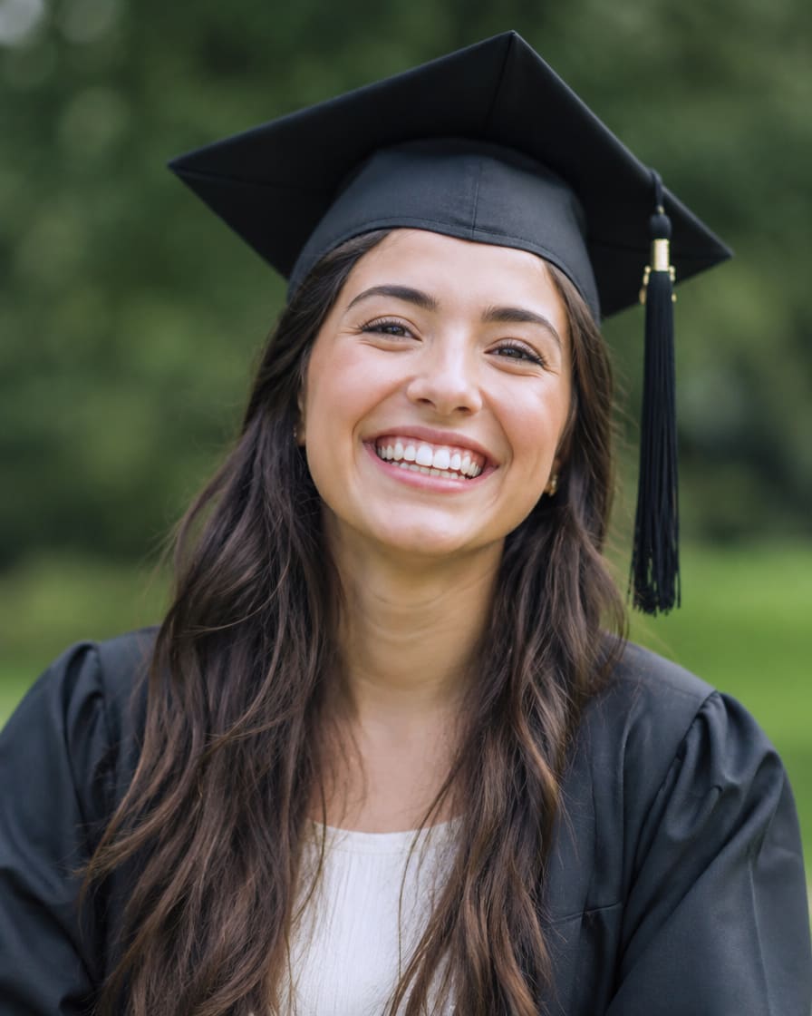 A graduate smiling with genuine relief